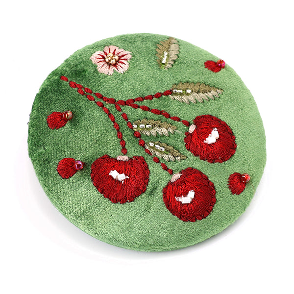 POM Green Velvet Embroidered Cherries Compact Mirror