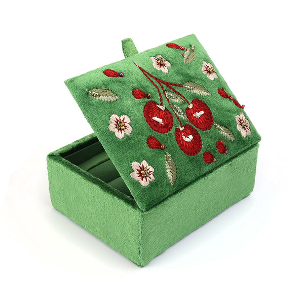 POM Green Velvet Cherries Small Jewellery Box