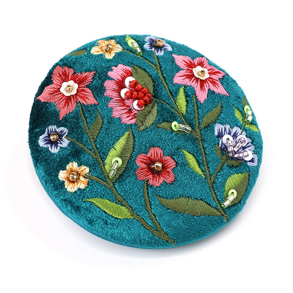 POM Teal Velvet Embroidered Flowers Compact Mirror