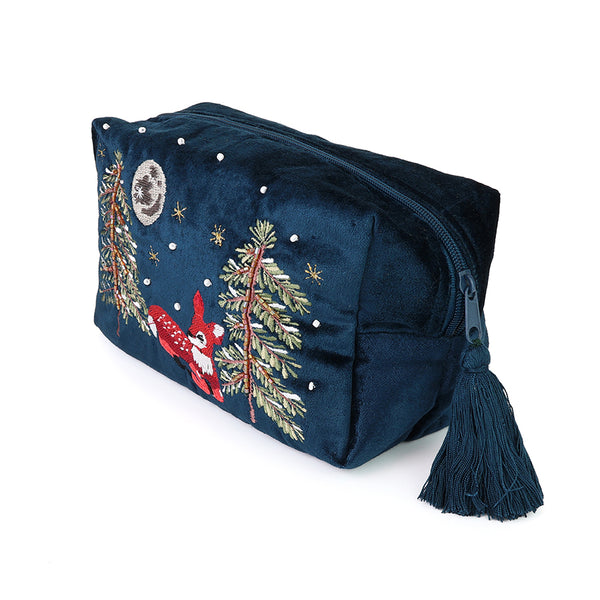 POM Peace of Mind Forest fawn navy blue velvet embroidered winter woodland fawn wash bag
