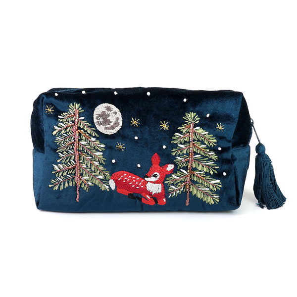 POM Peace of Mind Forest fawn navy blue velvet embroidered winter woodland fawn wash bag