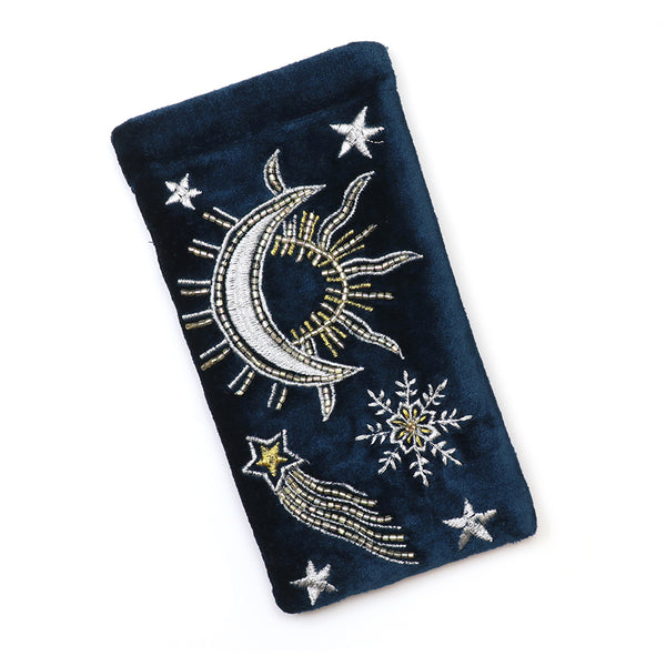 POM Celestial petrol blue velvet embellished night sky glasses case
