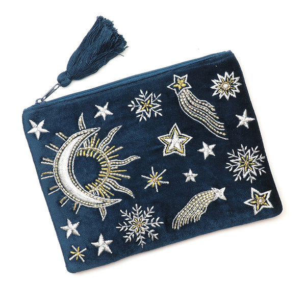 POM Celestial petrol blue velvet embellished night sky zip purse