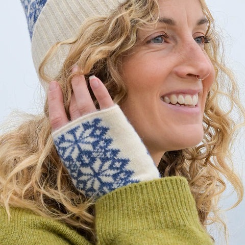 Peace Of Mind Denim and cream scandi starflower wrist warmers