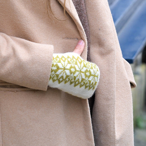 Peace Of Mind Olive and cream scandi starflower wrist warmers