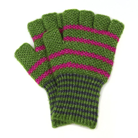Peace Of Mind Green and pink striped recycled blend fingerless gloves