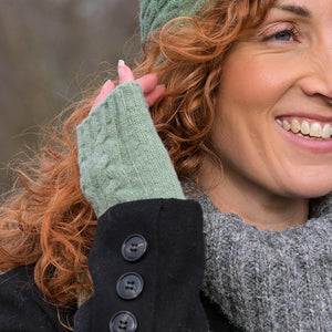 Peace Of Mind  Green Cable Knit Recycled Wrist Warmers