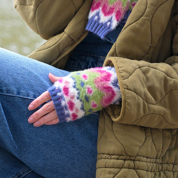 POM Peace Of Mind Imogen green and blue mix fluffy zig-zag knit wrist warmers