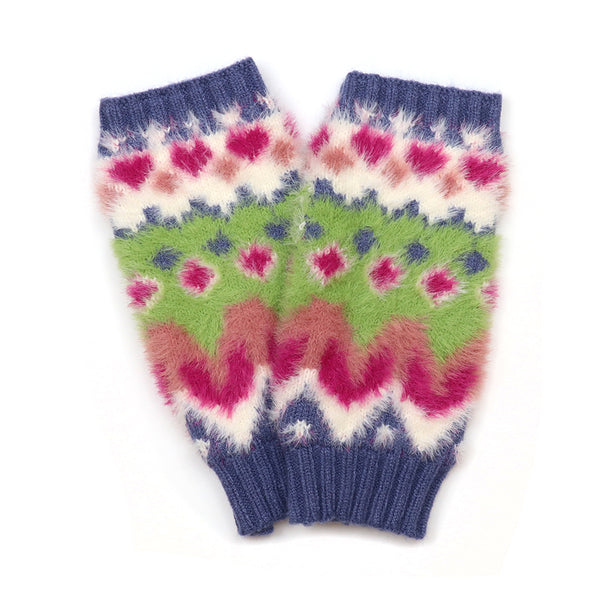 POM Peace Of Mind Imogen green and blue mix fluffy zig-zag knit wrist warmers