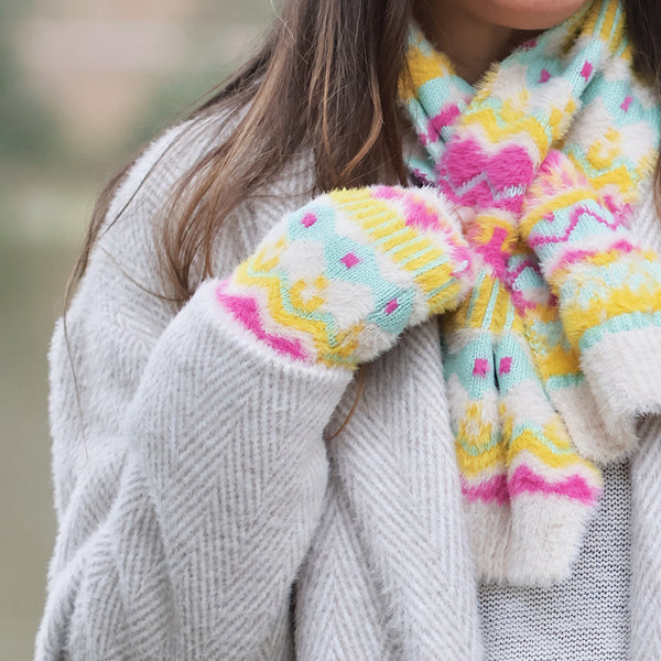 POM Peace Of Mind Mia neon and cream mix fluffy zig-zag knit wrist warmers