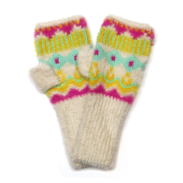 POM Peace Of Mind Mia neon and cream mix fluffy zig-zag knit wrist warmers