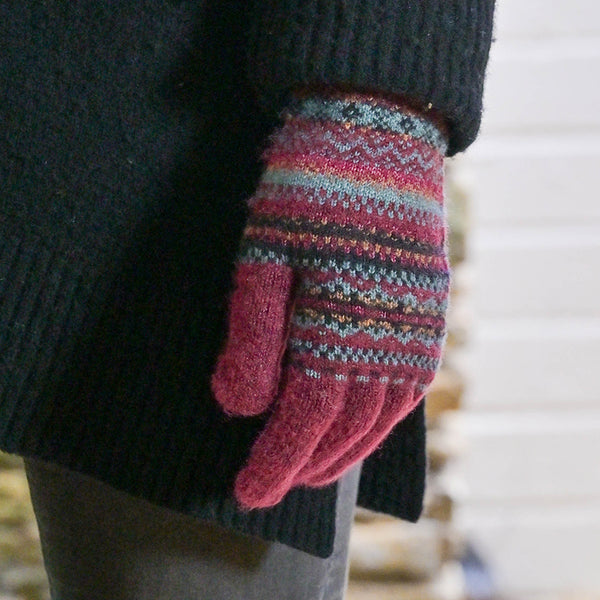POM Peace Of Mind Finola burgundy fair isle knit gloves