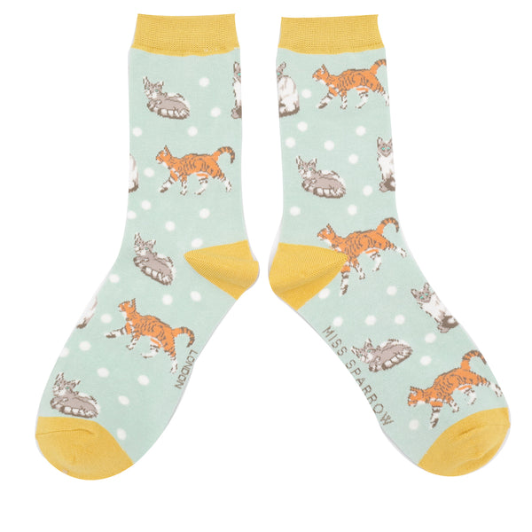 Miss Sparrow Bamboo Ladies Socks - Cats & Spots Duck egg