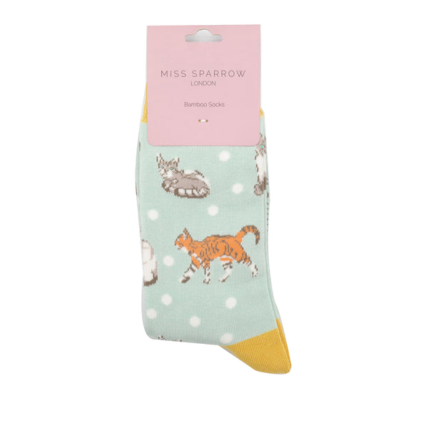 Miss Sparrow Bamboo Ladies Socks - Cats & Spots Duck egg