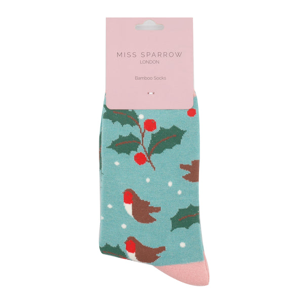 Miss Sparrow Robin & Holly Socks Duck Egg