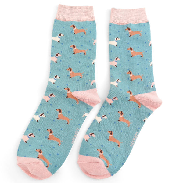 Miss Sparrow Bamboo Ladies Socks - Sausage Dogs & Spots Duck Egg