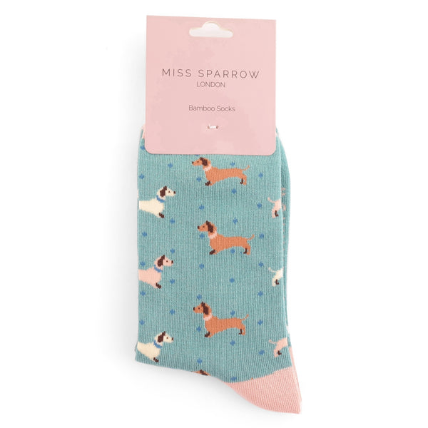 Miss Sparrow Bamboo Ladies Socks - Sausage Dogs & Spots Duck Egg