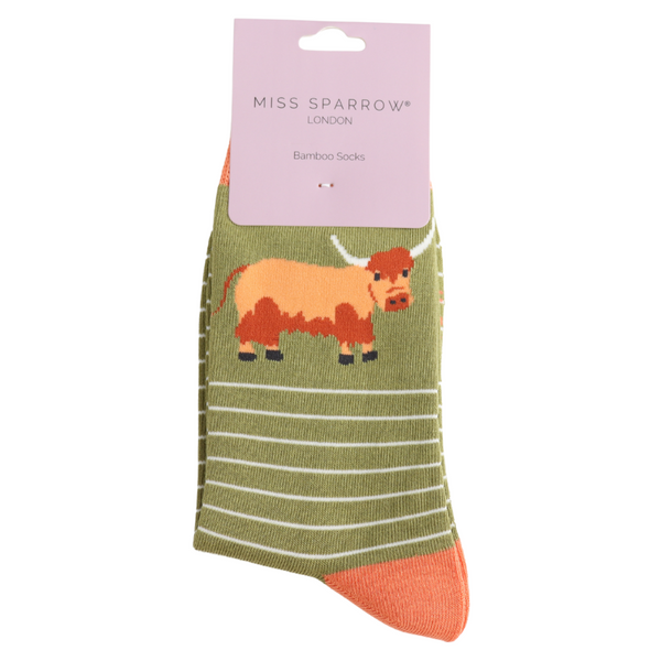 Miss Sparrow Bamboo Ladies Socks - Cow & Stripes Moss