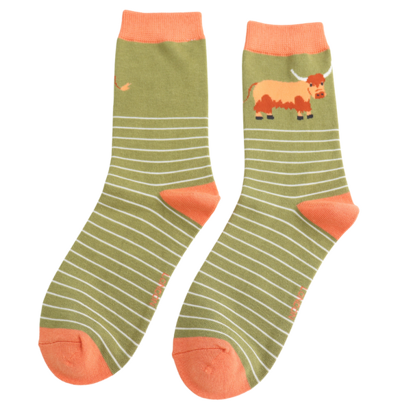 Miss Sparrow Bamboo Ladies Socks - Cow & Stripes Moss