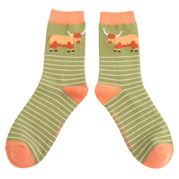 Miss Sparrow Bamboo Ladies Socks - Cow & Stripes Moss