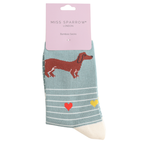 Miss Sparrow Bamboo Ladies Socks - Sausage Dogs & Stripes Duck Egg