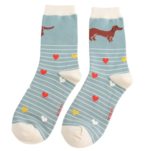 Miss Sparrow Bamboo Ladies Socks - Sausage Dogs & Stripes Duck Egg