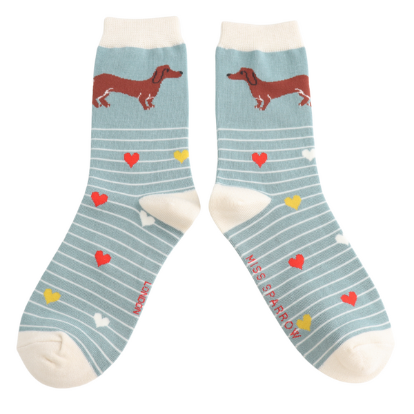 Miss Sparrow Bamboo Ladies Socks - Sausage Dogs & Stripes Duck Egg