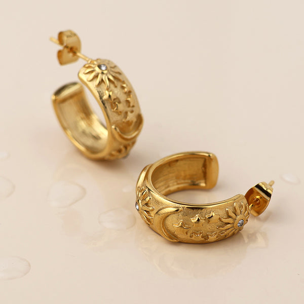 Peace of Mind Waterproof gold plated moon, star and sun hoop earrings