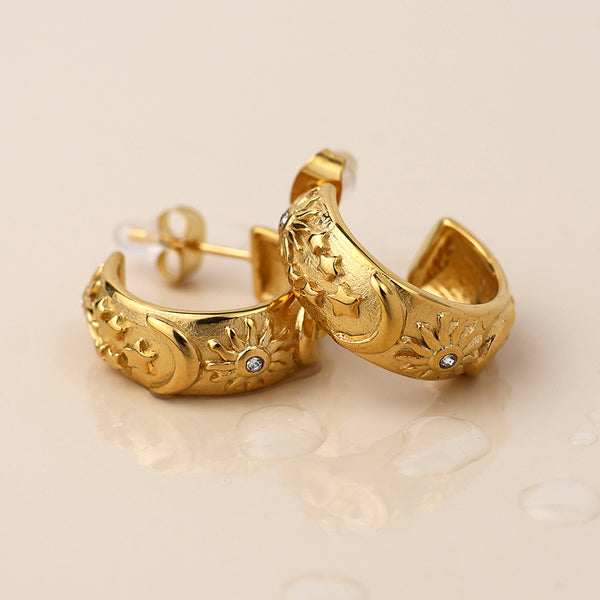 Peace of Mind Waterproof gold plated moon, star and sun hoop earrings