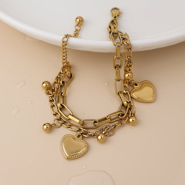 Peace of Mind Waterproof Gold Plated Layered Heart Charm Bracelet