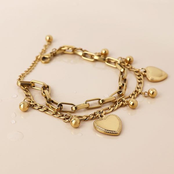 Peace of Mind Waterproof Gold Plated Layered Heart Charm Bracelet