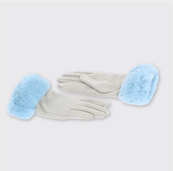 Carole Gloves with Faux Fur Cuff - Pale Grey/Pale Blue Trim