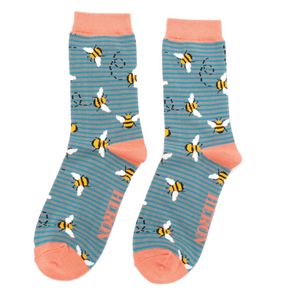 Mr Heron Bamboo Mens Socks - Bees Stripes Grey & Blue