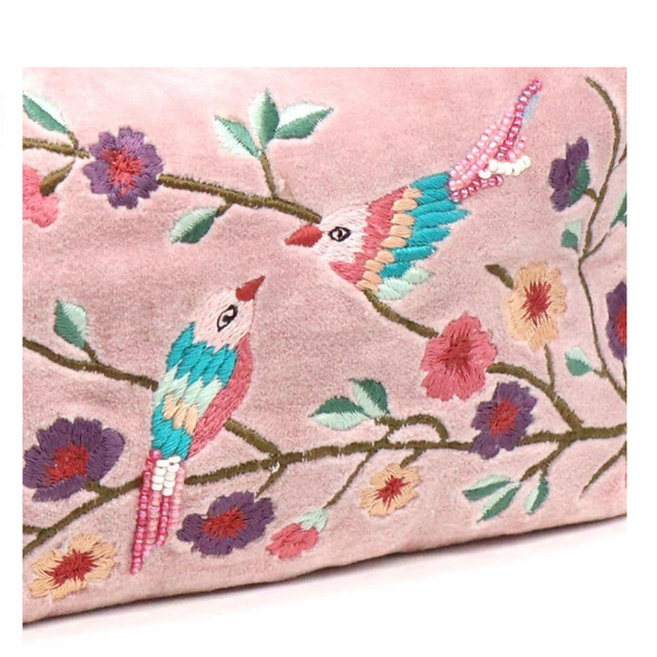 POM Velvet Embroidered Birds & Flowers Makeup Bag