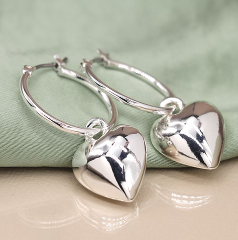 Peace of Mind Silver plated hoop and heart charm earrings