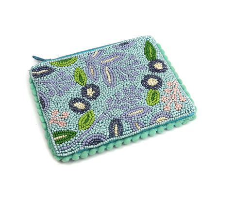 POM Small Aqua Beaded Floral Pom Pom Purse