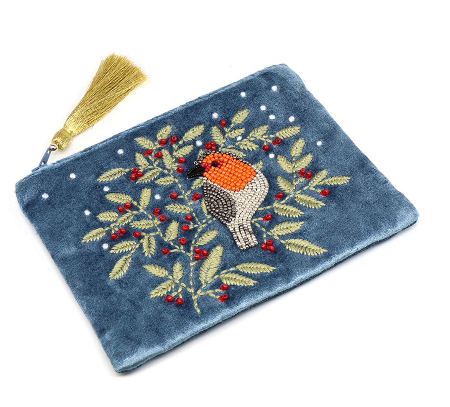 POM Blue Velvet Robin & Holly Embroidered Zip Purse