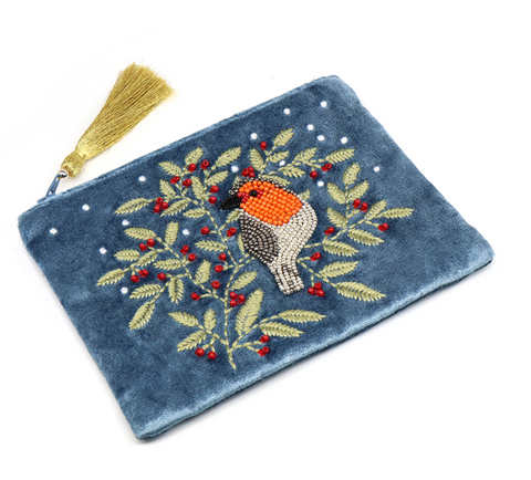 POM Blue Velvet Robin & Holly Embroidered Zip Purse