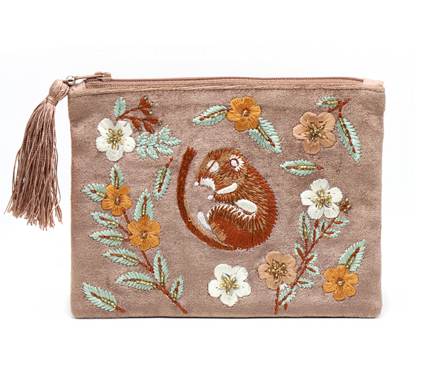 POM Buff Velvet Sleeping Dormouse Embroidered Zip Purse