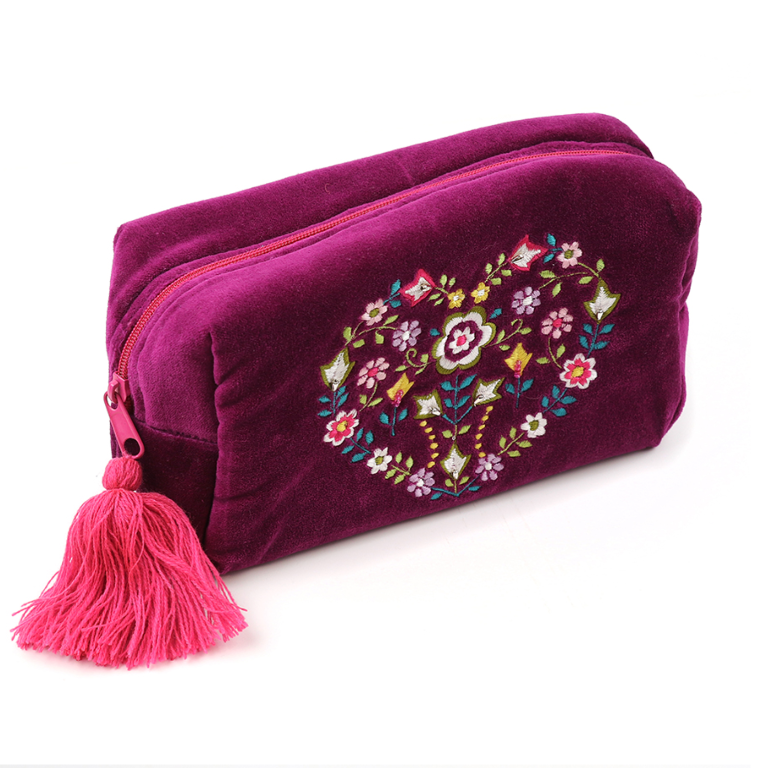 POM Wine Velvet Floral Heart Embroidered Wash Bag