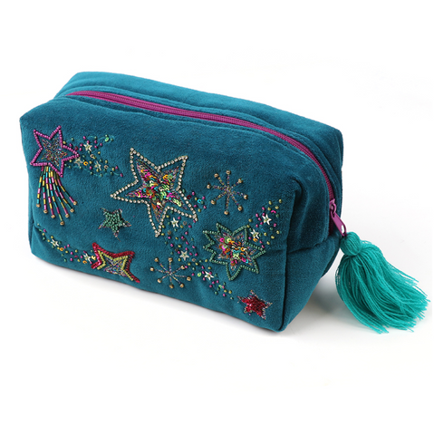 POM Teal Velvet Floral Shooting Stars Embroidered Wash Bag