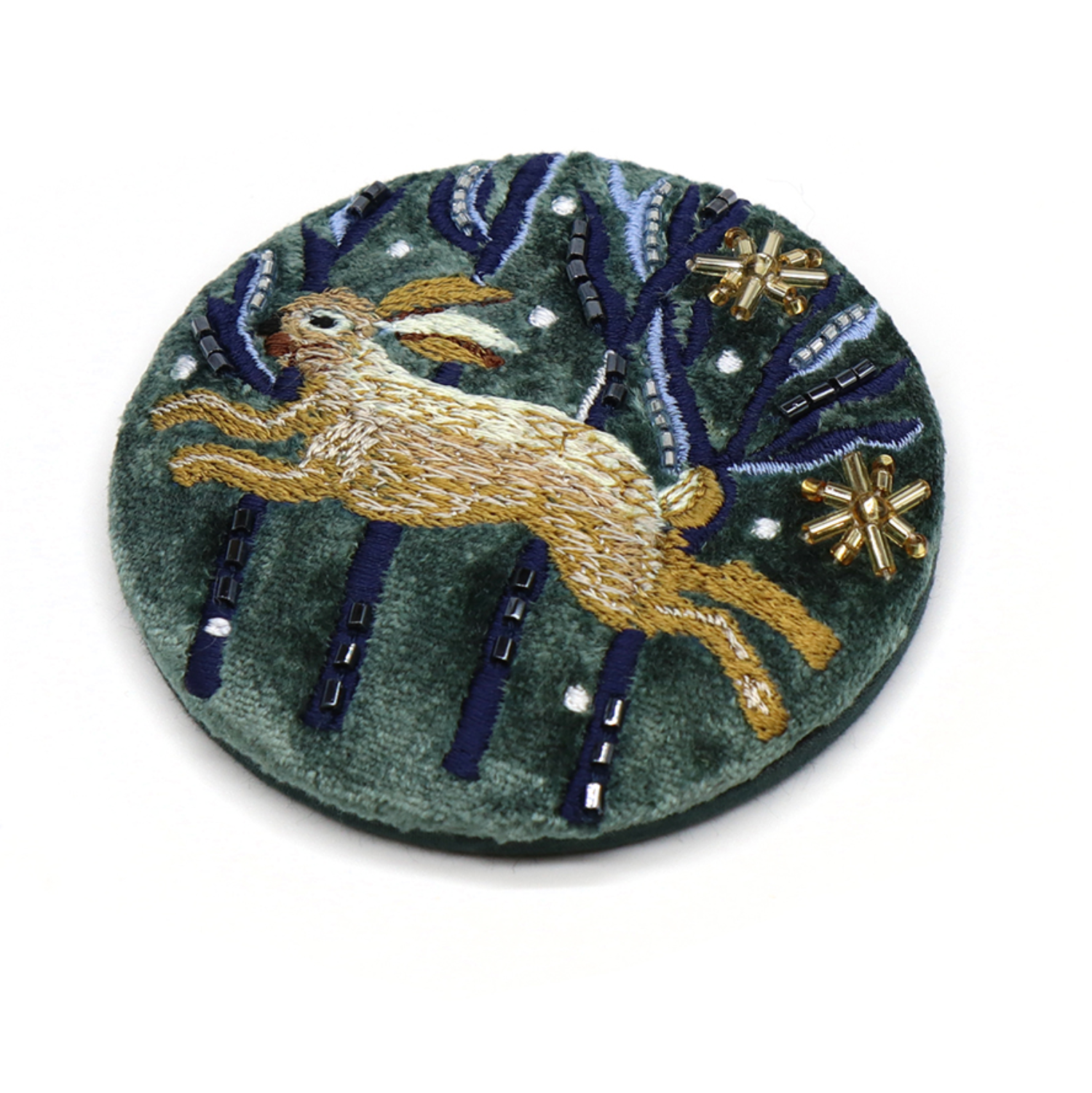 POM Midnight Green Velvet Embroidered Leaping Hare Compact Mirror