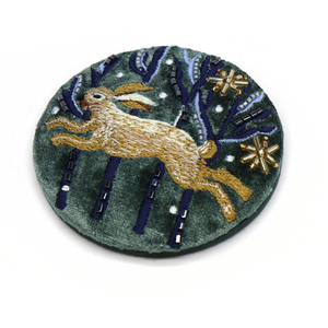 POM Midnight Green Velvet Embroidered Leaping Hare Compact Mirror