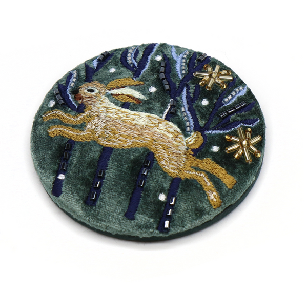 POM Midnight Green Velvet Embroidered Leaping Hare Compact Mirror