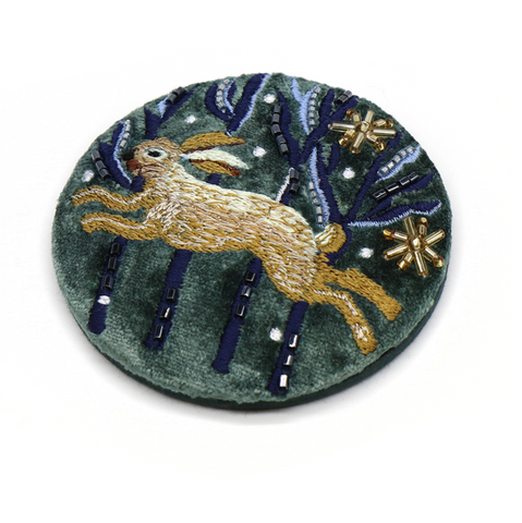 POM Midnight Green Velvet Embroidered Leaping Hare Compact Mirror
