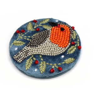 POM Blue Velvet Beaded Robin & Holly Compact Mirror