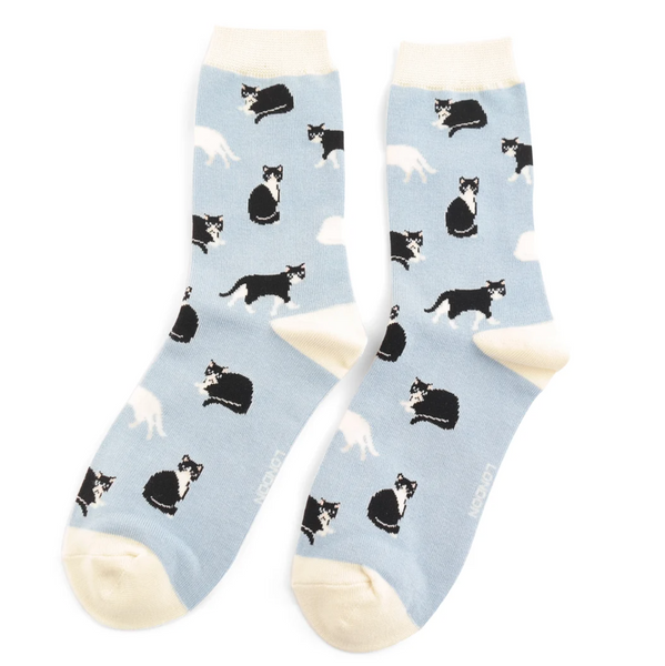 Miss Sparrow Bamboo Ladies Socks - Black & White Cats Powder Blue