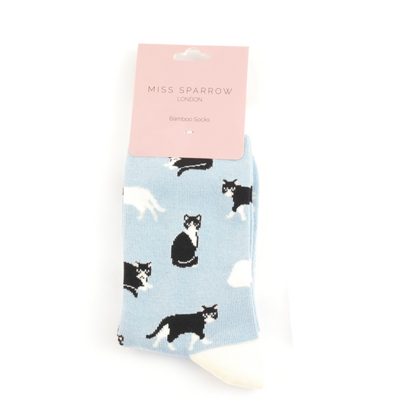 Miss Sparrow Bamboo Ladies Socks - Black & White Cats Powder Blue