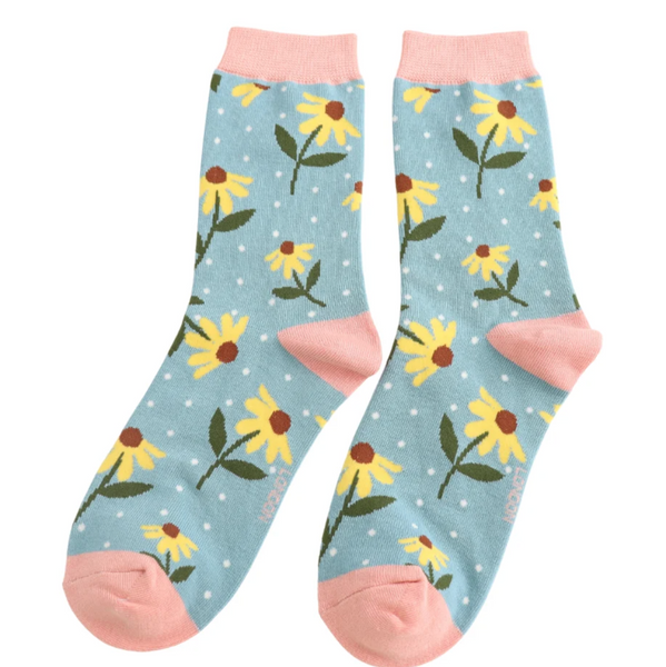 Miss Sparrow Bamboo Ladies Socks - Sunflowers Duck Egg