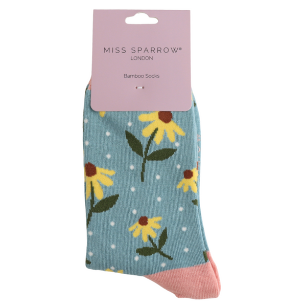 Miss Sparrow Bamboo Ladies Socks - Sunflowers Duck Egg